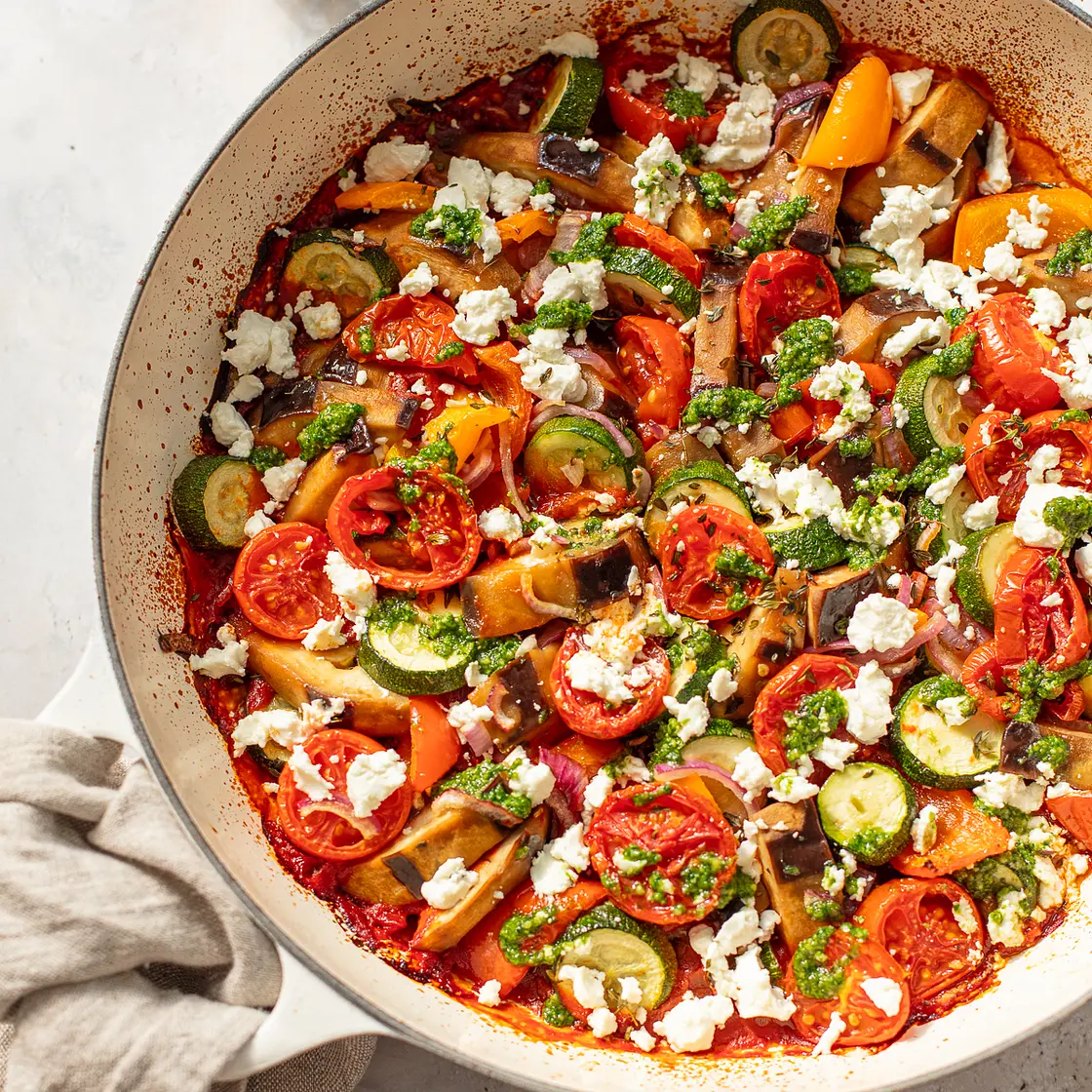 Baked Ratatouille with Goat Cheese and Pesto