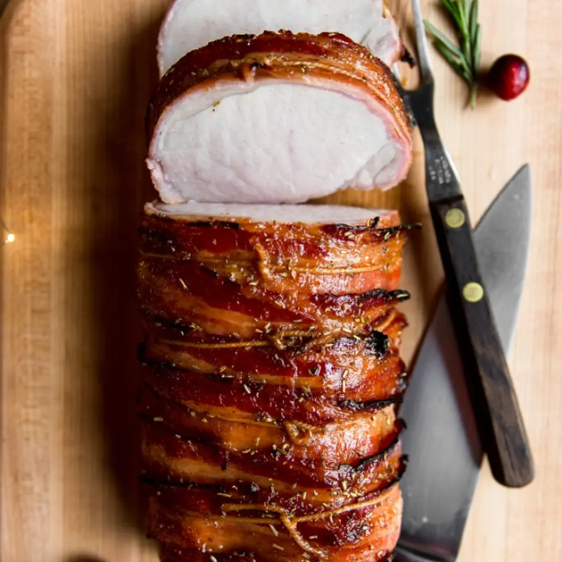 Bacon Wrapped Pork Loin with Cranberry Apricot Glaze