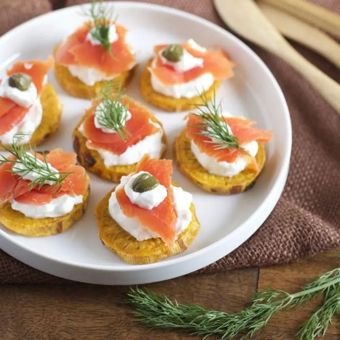 Slices of Sweet Potato with Smoked Salmon