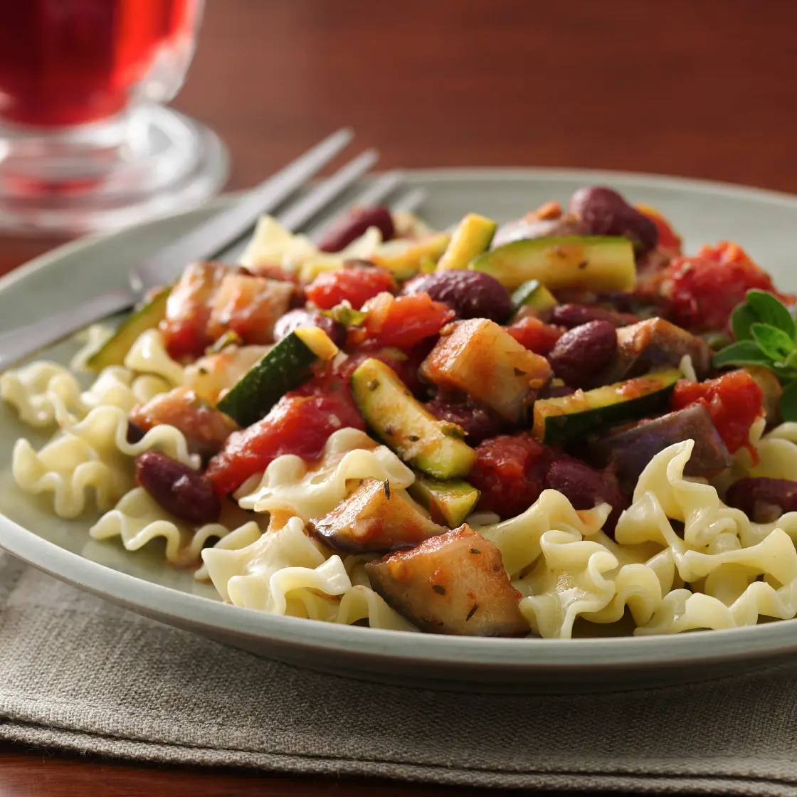Eggplant and Zucchini with Pasta in a Greek Red Sauce