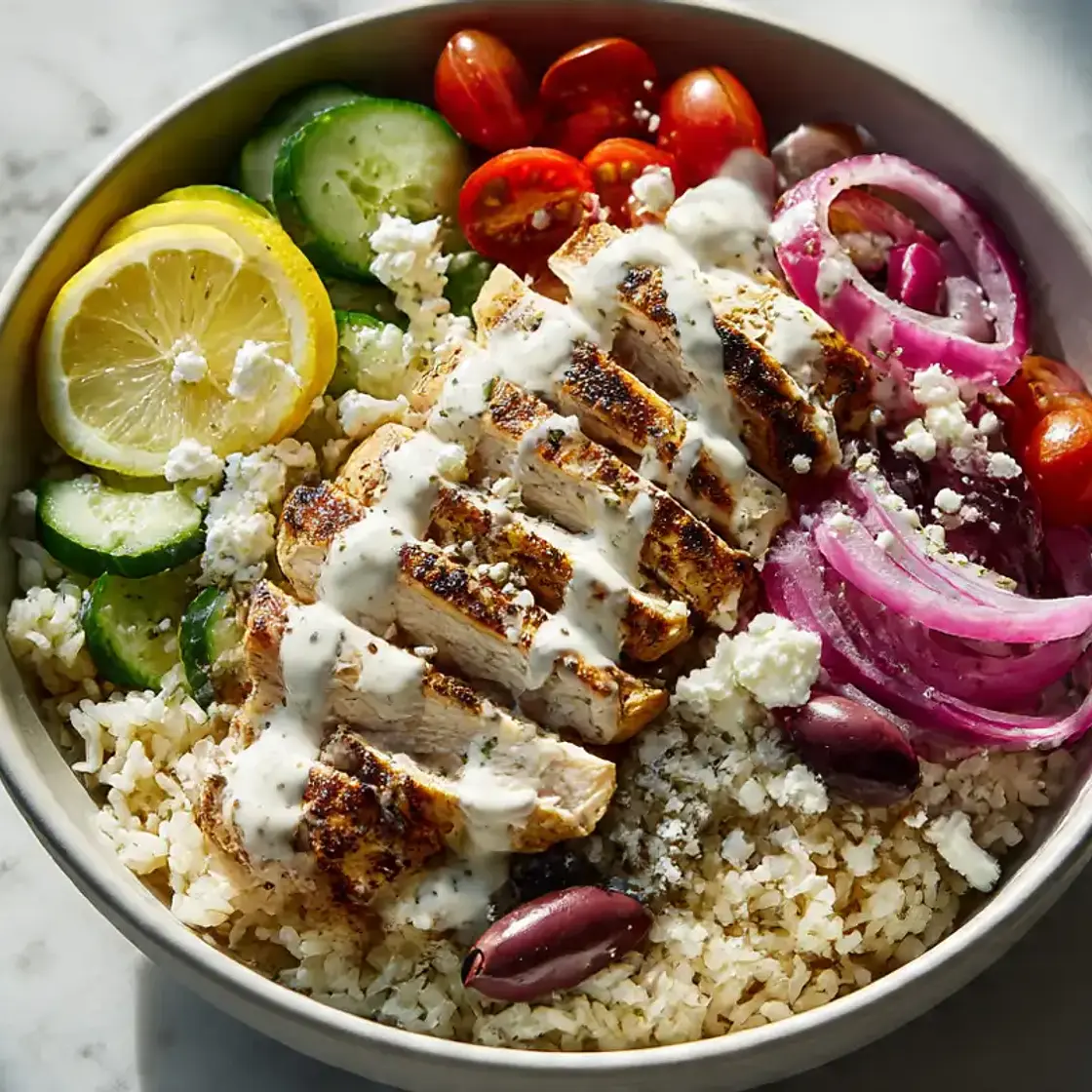 Greek Chicken Bowls with Tahini Feta Sauce