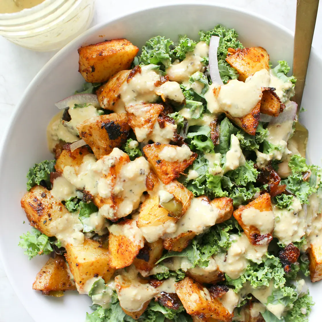 Spicy Potato Kale Bowls with Mustard Tahini Dressing
