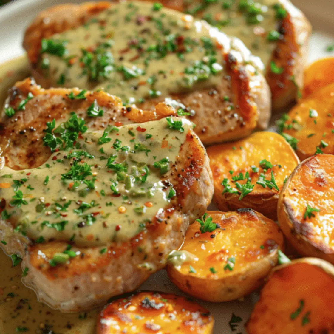 Bifes de Carre de Cerdo con Salsa Crema de Pimienta Verde y Batatas Asadas con Miel