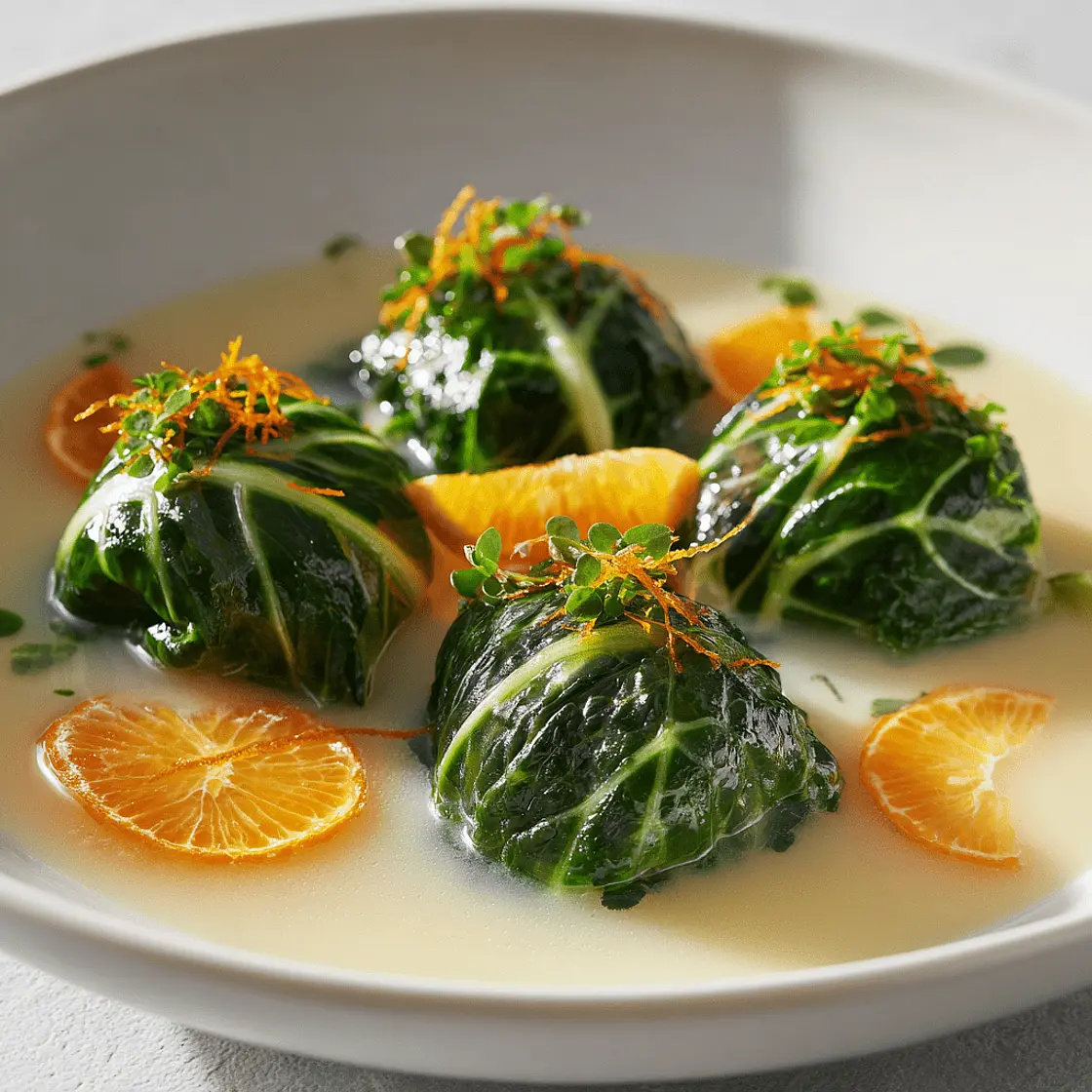 Vegetarische Capuns, in Suppe angerichtet, mit Orangenabrieb