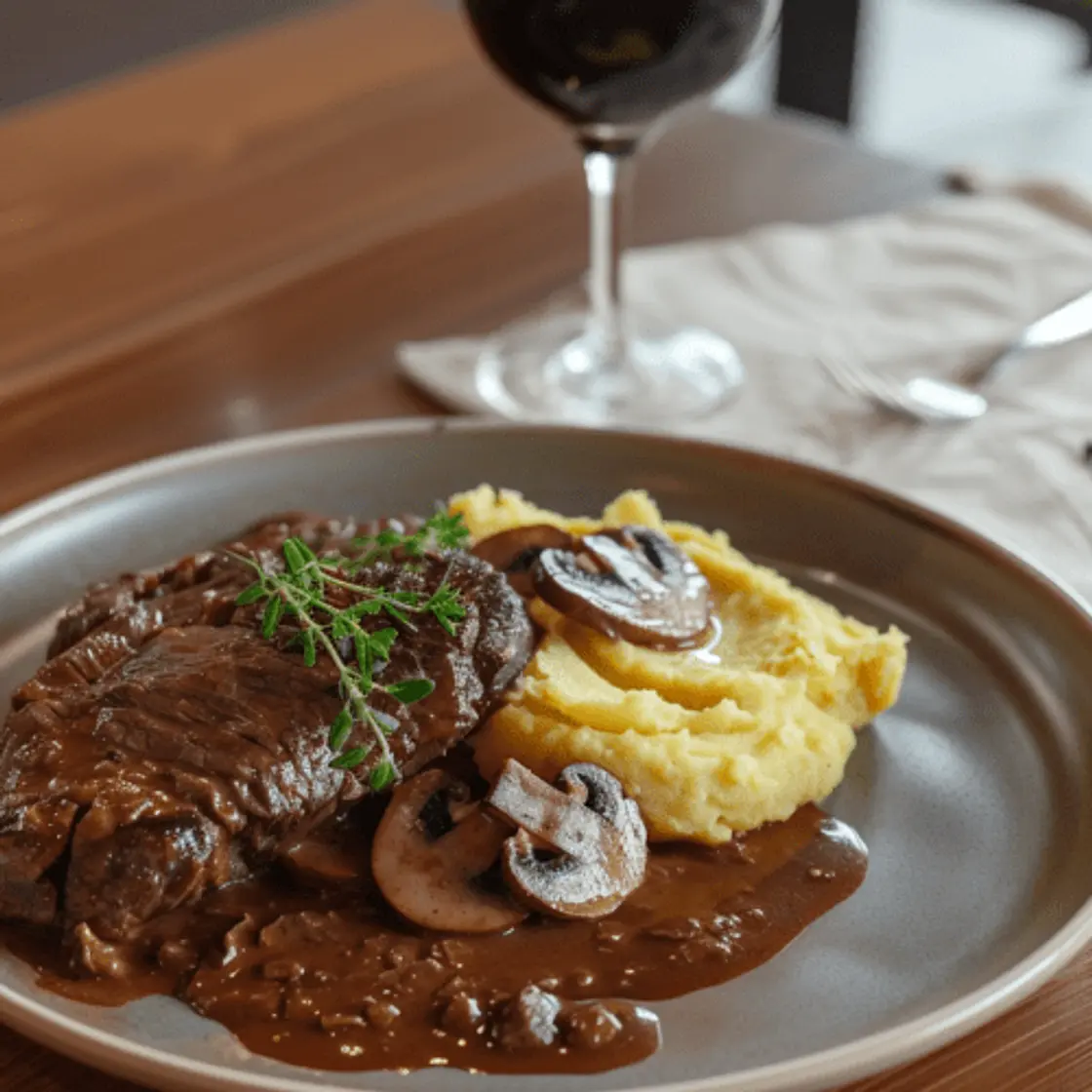 Roast Beef Braseado con Hongos, Verduras y Pure de Papas al Azafrán
