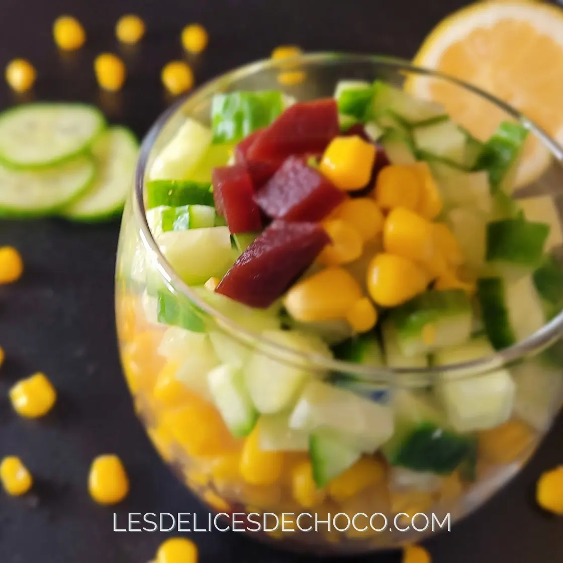 VERRINE BETTERAVE, MAÏS ET CONCOMBRE