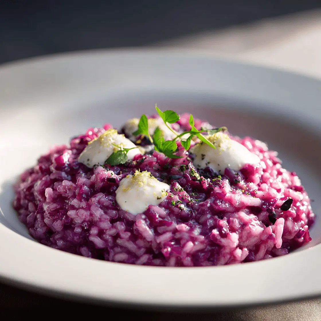 Risotto mit Rotkabis, Orange und Mascarpone-Safran-Creme