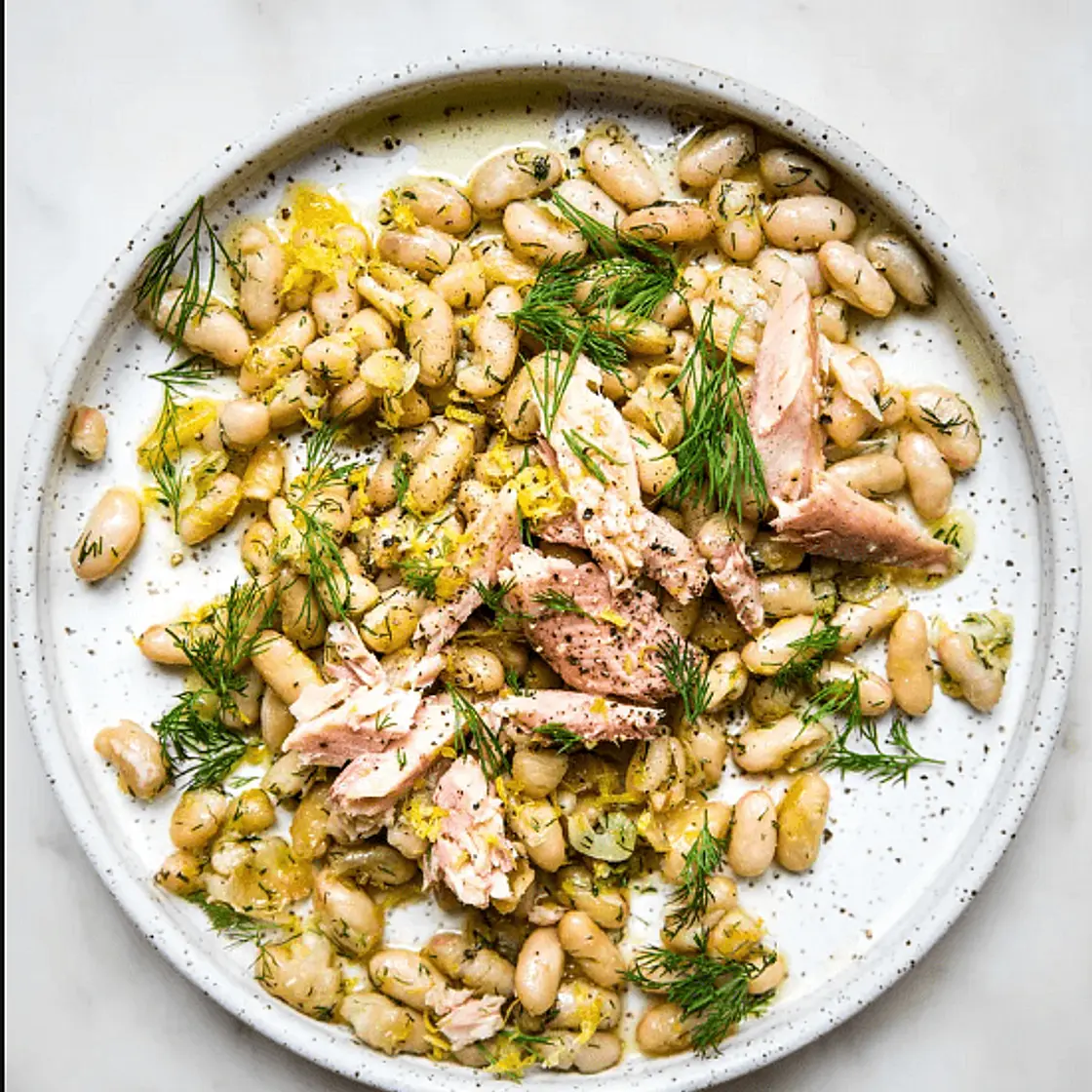 Balanced Garlicky Beans with Lemon, Dill and Trout