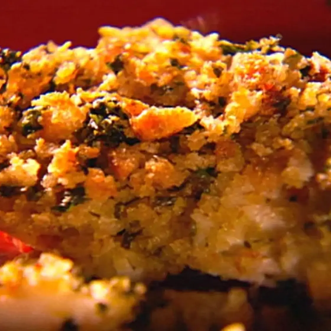 Baked seabass with homemade garlic butter and herb bread crumb topping