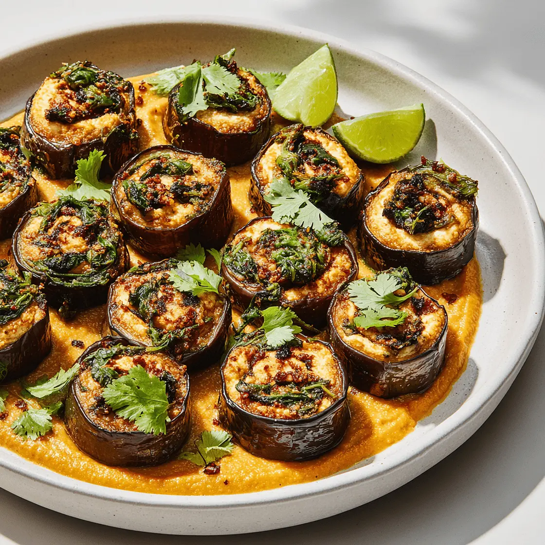 Gefüllte Auberginenrollen mit Curry-Kokos-Dal