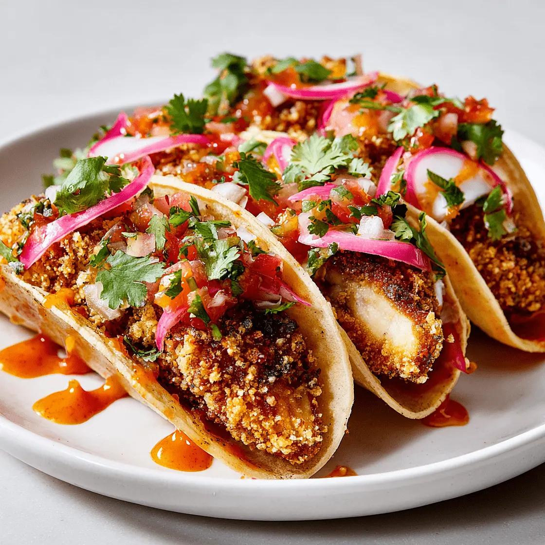 Tacos mit panierten Pilzen oder Tofuschnitzeln und Hot-Sauce