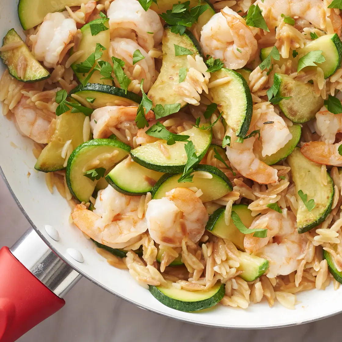 Lemon-Garlic Shrimp Orzo Skillet