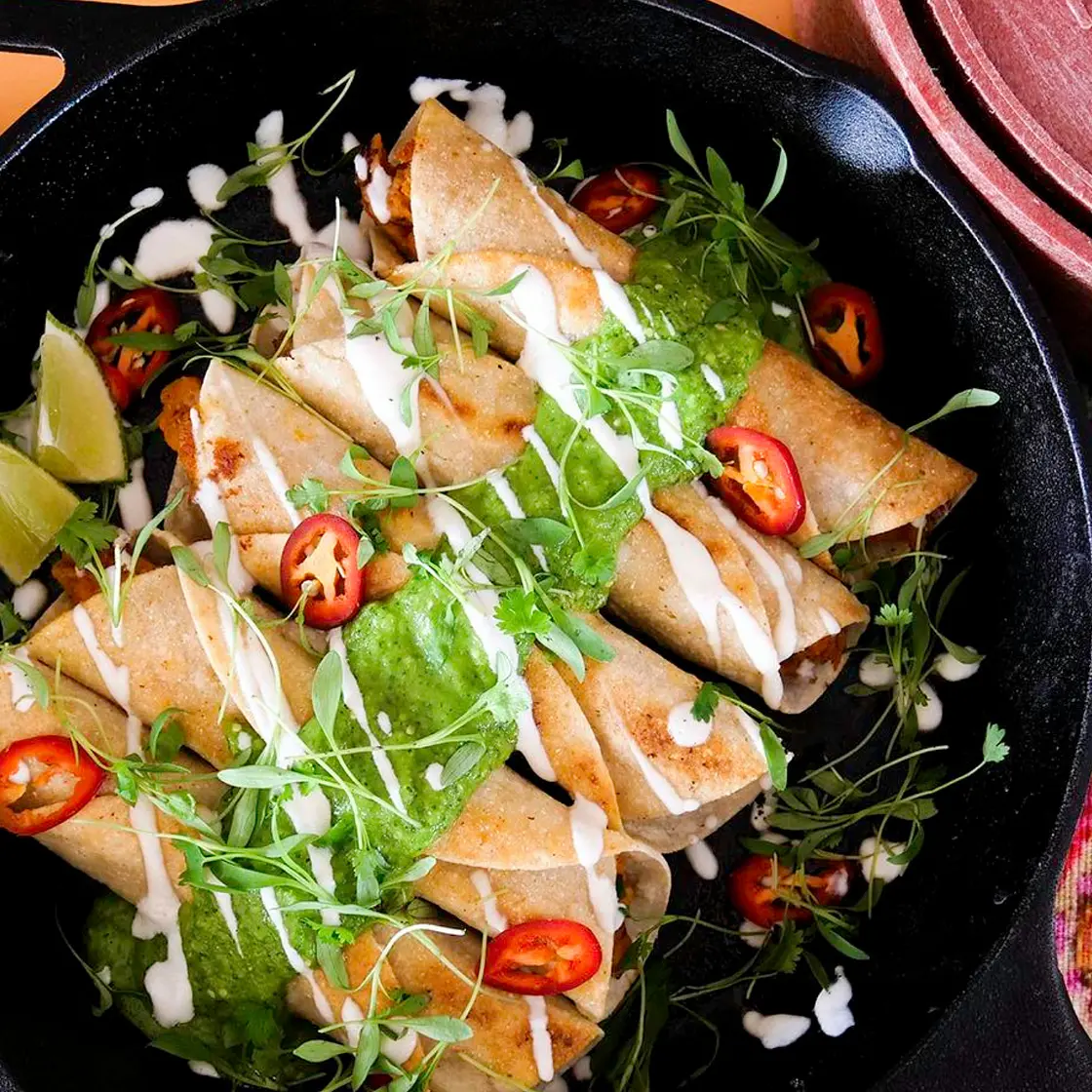 Chef Bai’s Vegan Sweet Potato Flautas with Avocado Salsa Verde