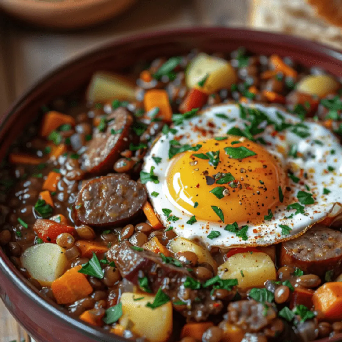Guiso de lentejas con huevo frito