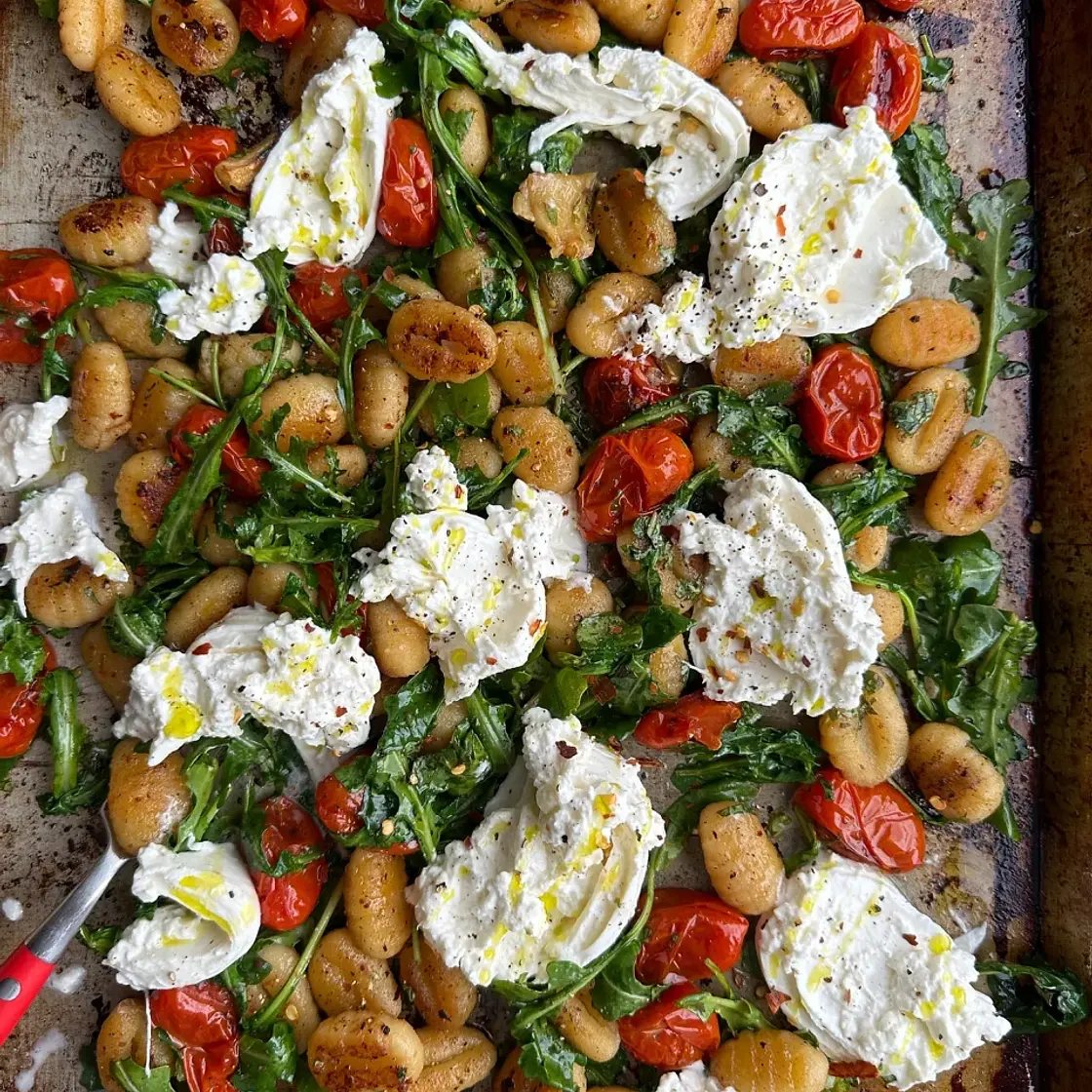 Sheet Pan Gnocchi with Roasted Tomatoes, Arugula and Burrata