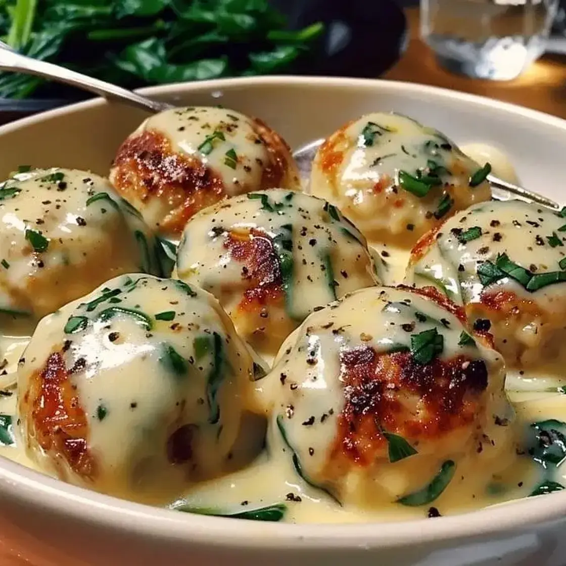 Chicken Ricotta Meatballs with Spinach Alfredo Sauce