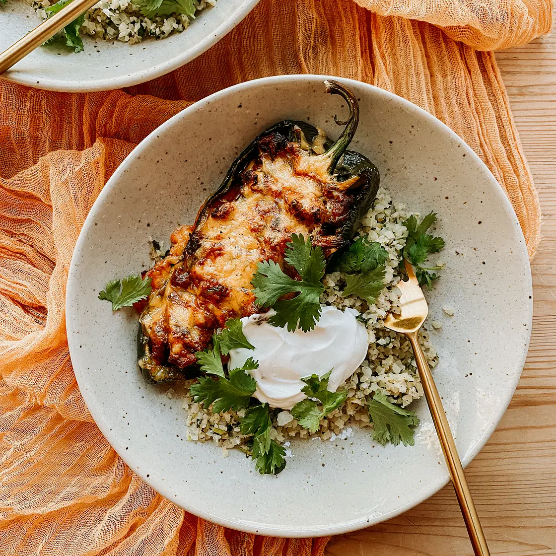 Stuffed Poblano Peppers with Cilantro Lime Cauliflower Rice