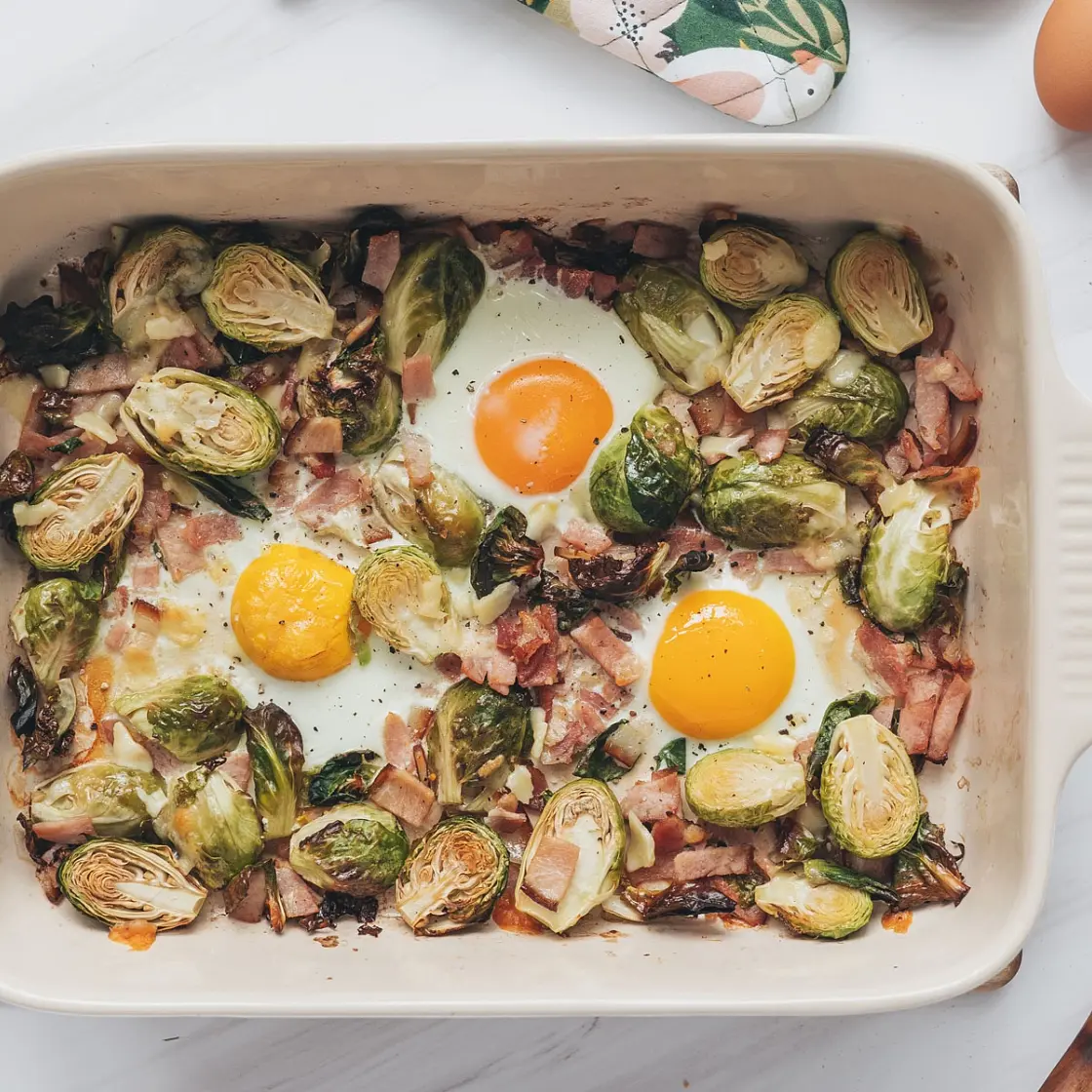 Sheet Pan Brussels Sprouts Egg Hash