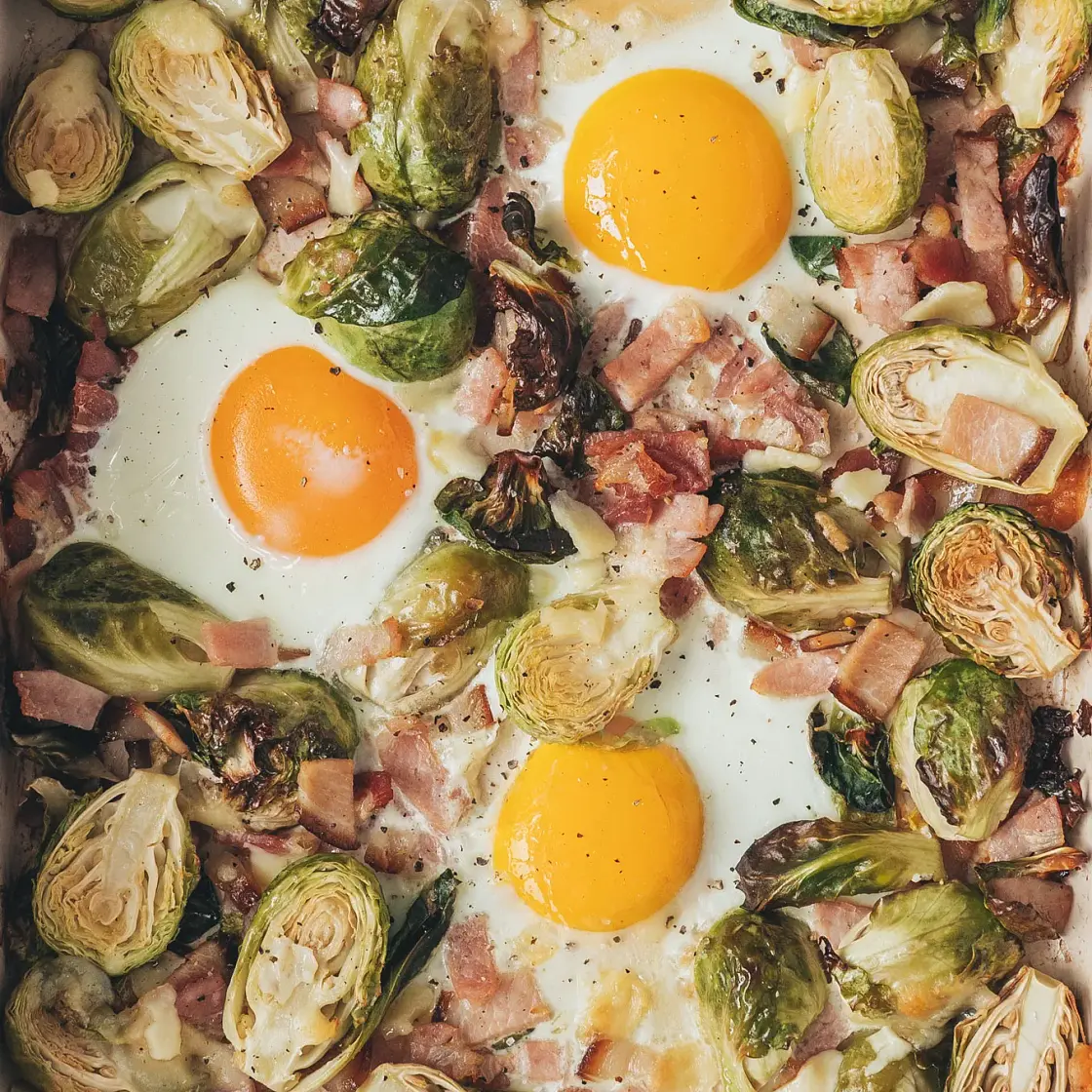 Sheet Pan Brussels Sprouts Egg Hash