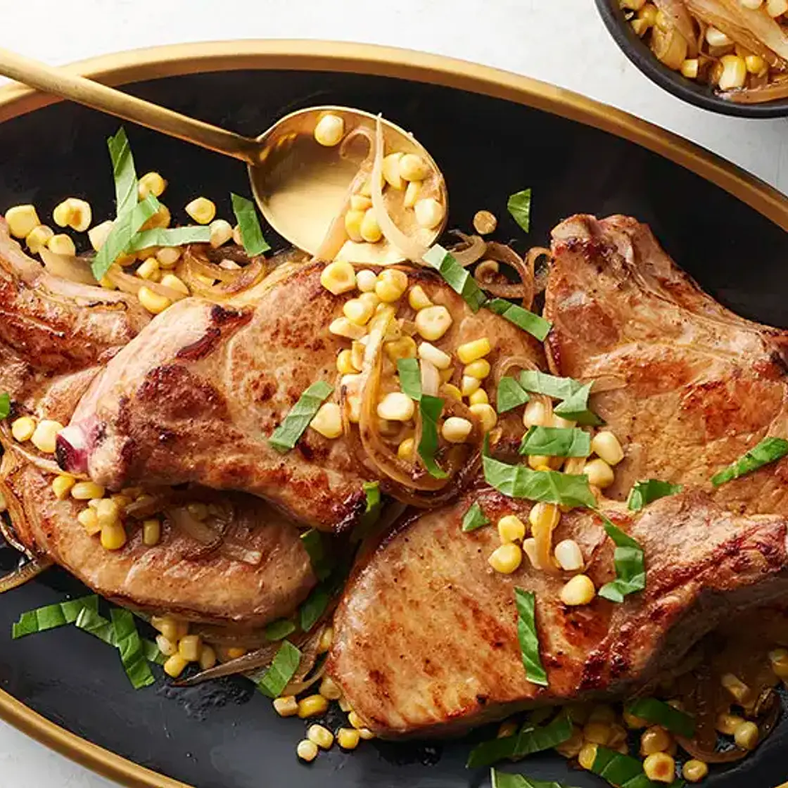 Whiskey Butter Pork Chops with Corn