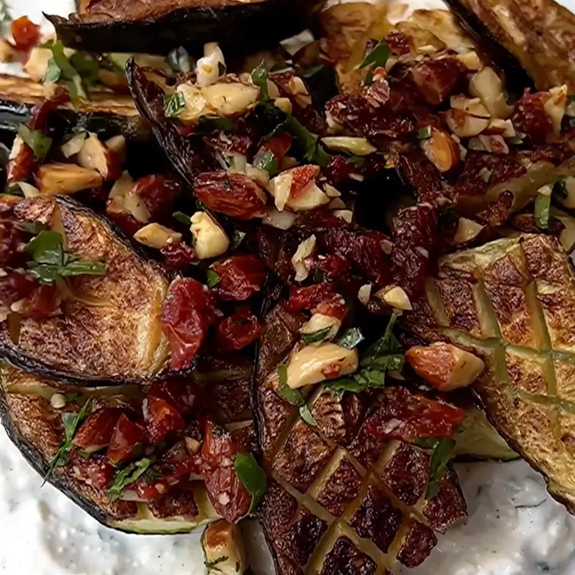 Crisp Roasted Zucchini with Creamy Feta & Sun-dried Tomato & Almond Crumble