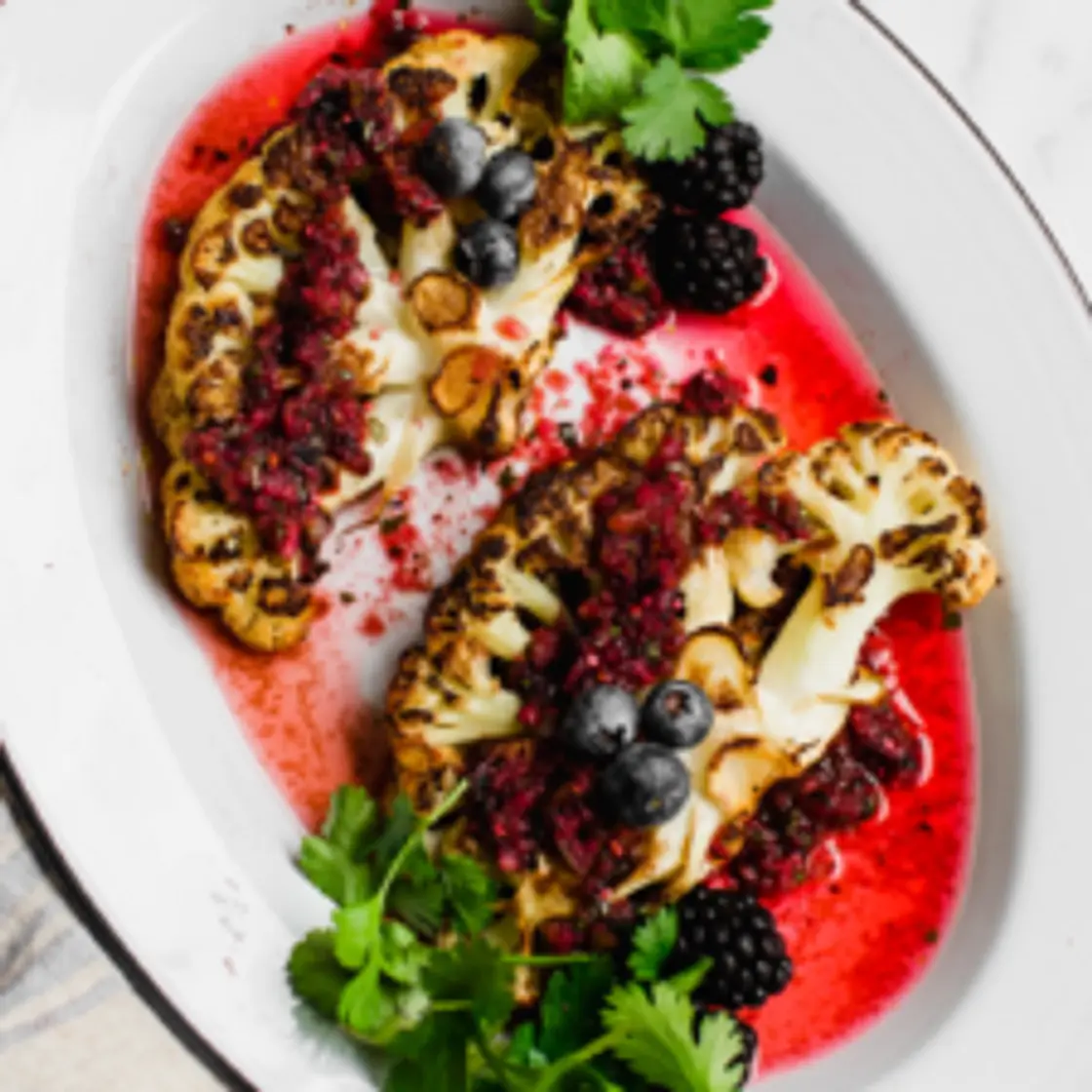 Roasted Cauliflower Steak with Mixed Berry Salsa Verde