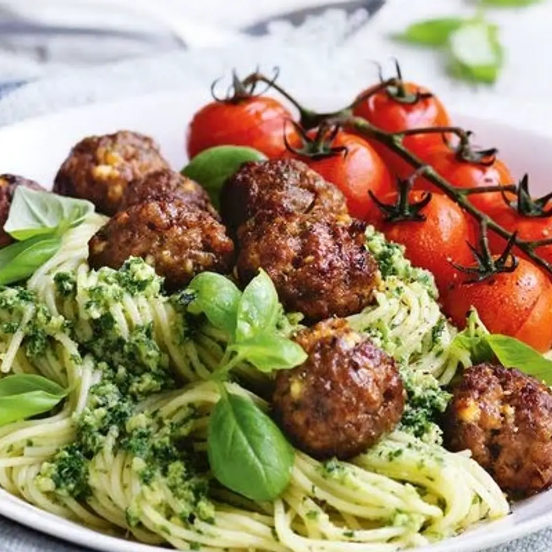 Beef & Fetta Meatballs with Kale Pesto Pasta