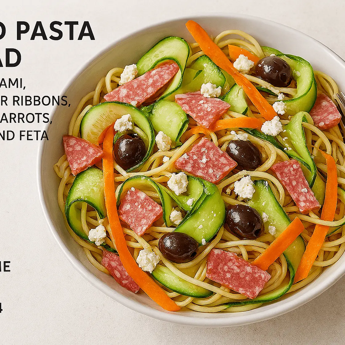 Cold Pasta Salad with Salami, Cucumber Ribbons, Shaved Carrots, Olives & Feta