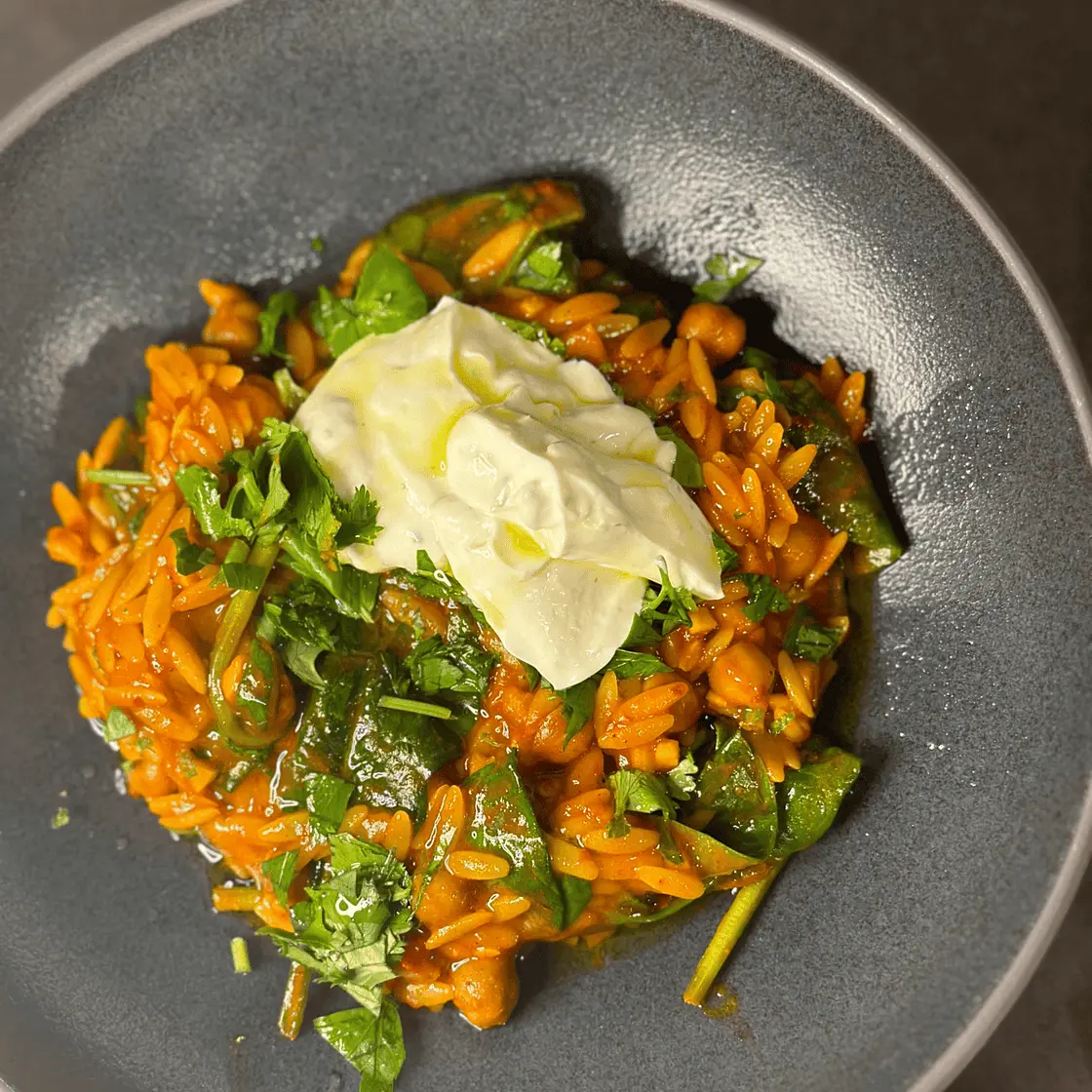 One Pan Harissa Orzo with Chickpeas and Yogurt