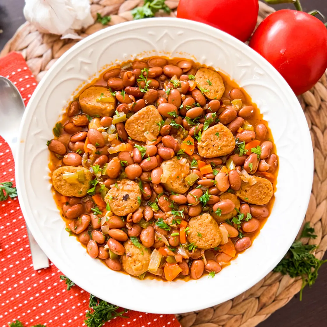 Spiced Pinto Beans with Sausage & Vegetables