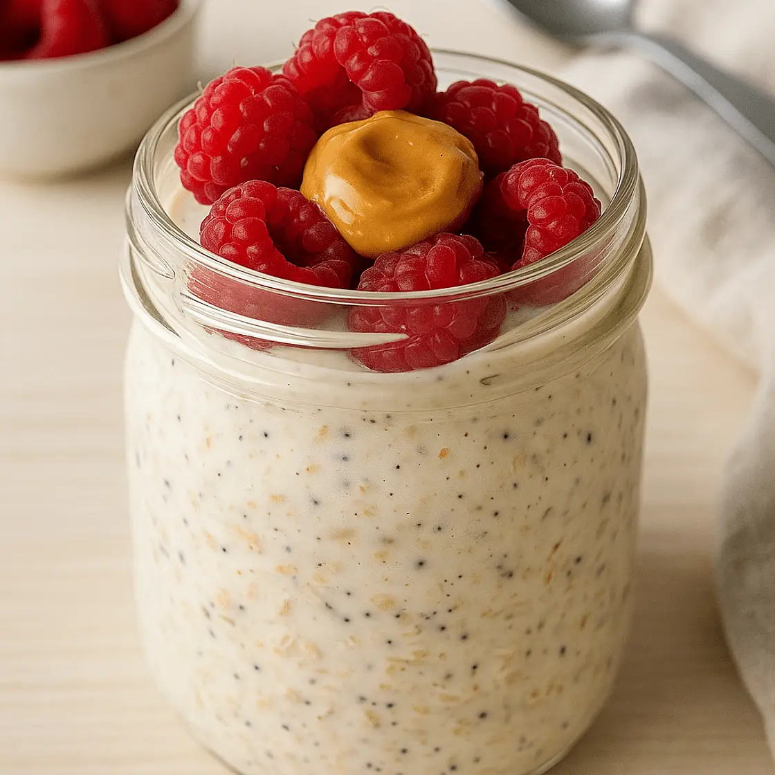 Gesunde Overnight Oats (Meal Prep & 110 kcal p.P.) – Himbeere, Erdnussbutter & Vanille