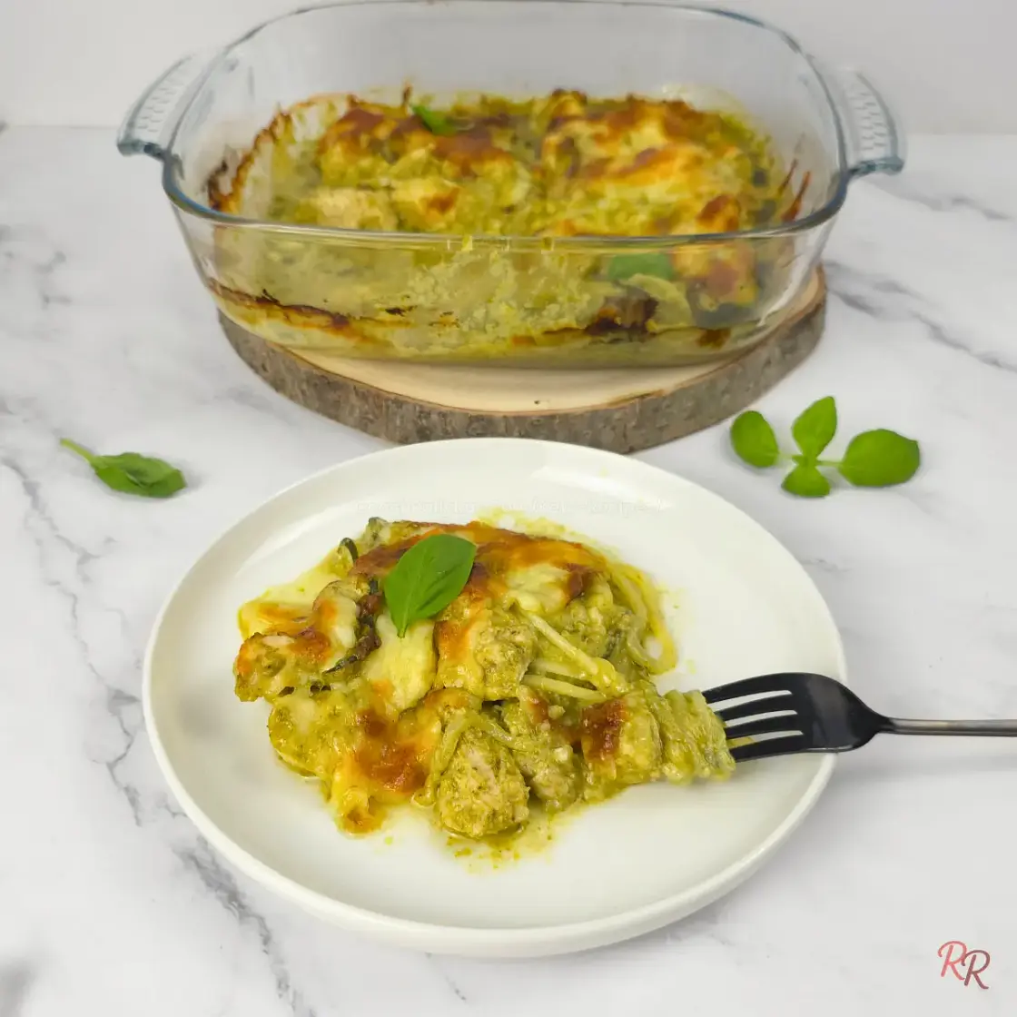 Keto Pesto Chicken Casserole with Zoodles and Cottage Cheese