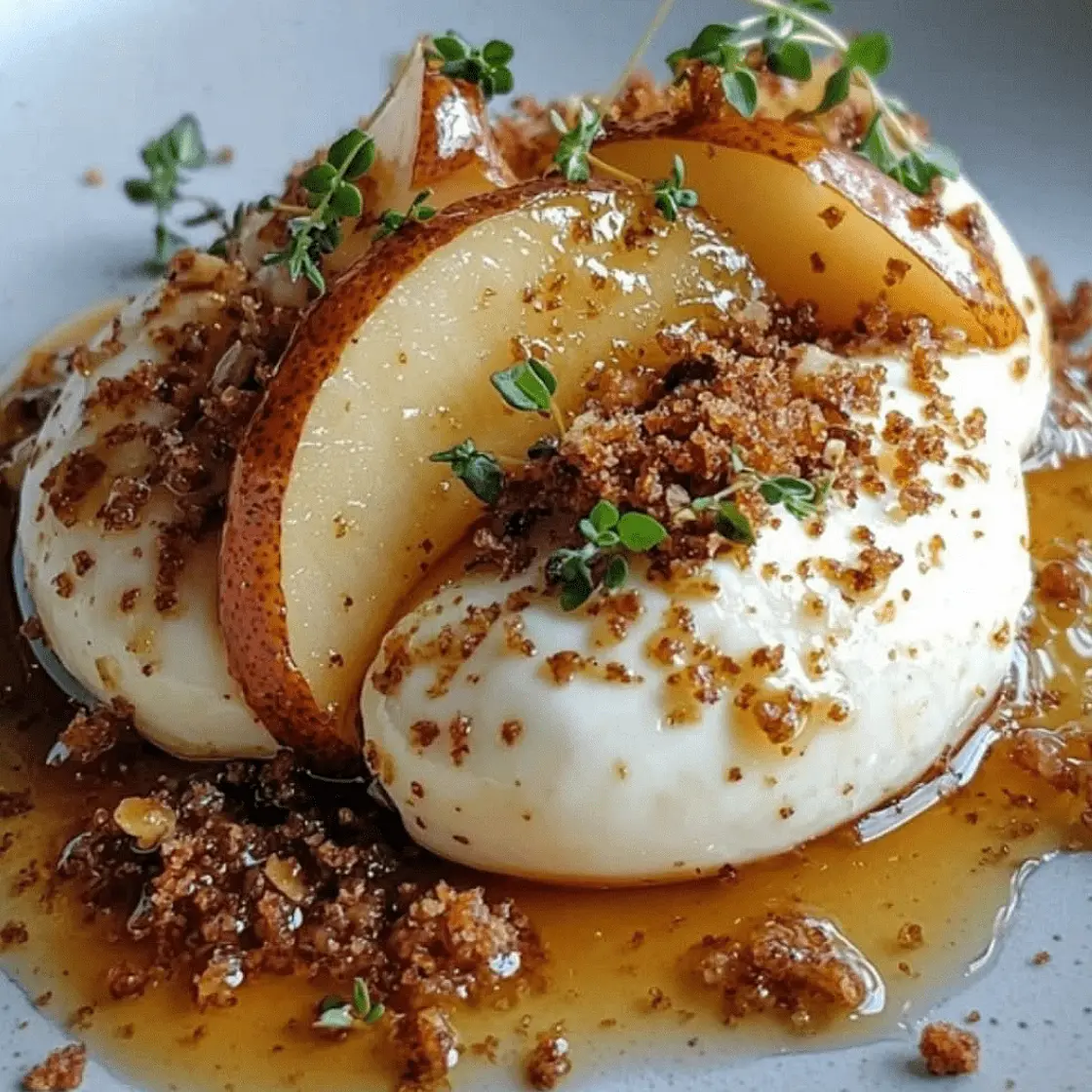 Burrata sur poires rôties au sirop d'érable & crumble de spéculos salé