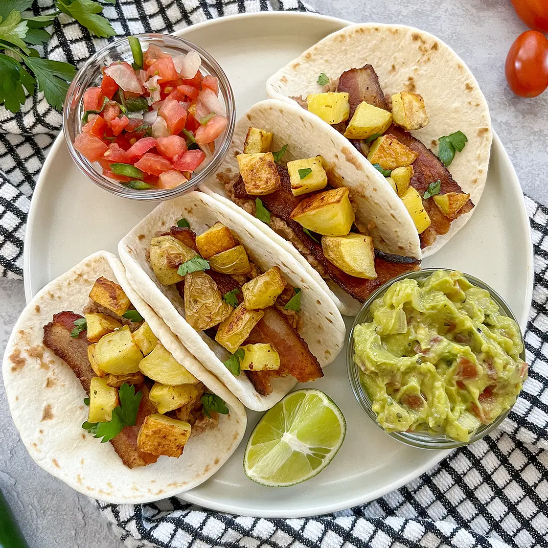 Breakfast Tacos without Eggs (Crispy Potatoes, Bacon, and Beans)
