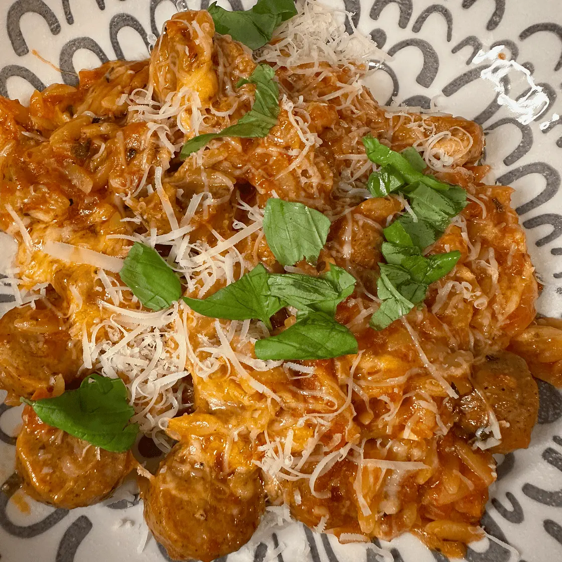 One Pot Chicken Sausage Baked Orzo