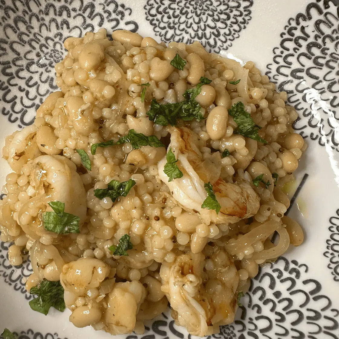 One Pan Couscous with Shrimp and White Beans