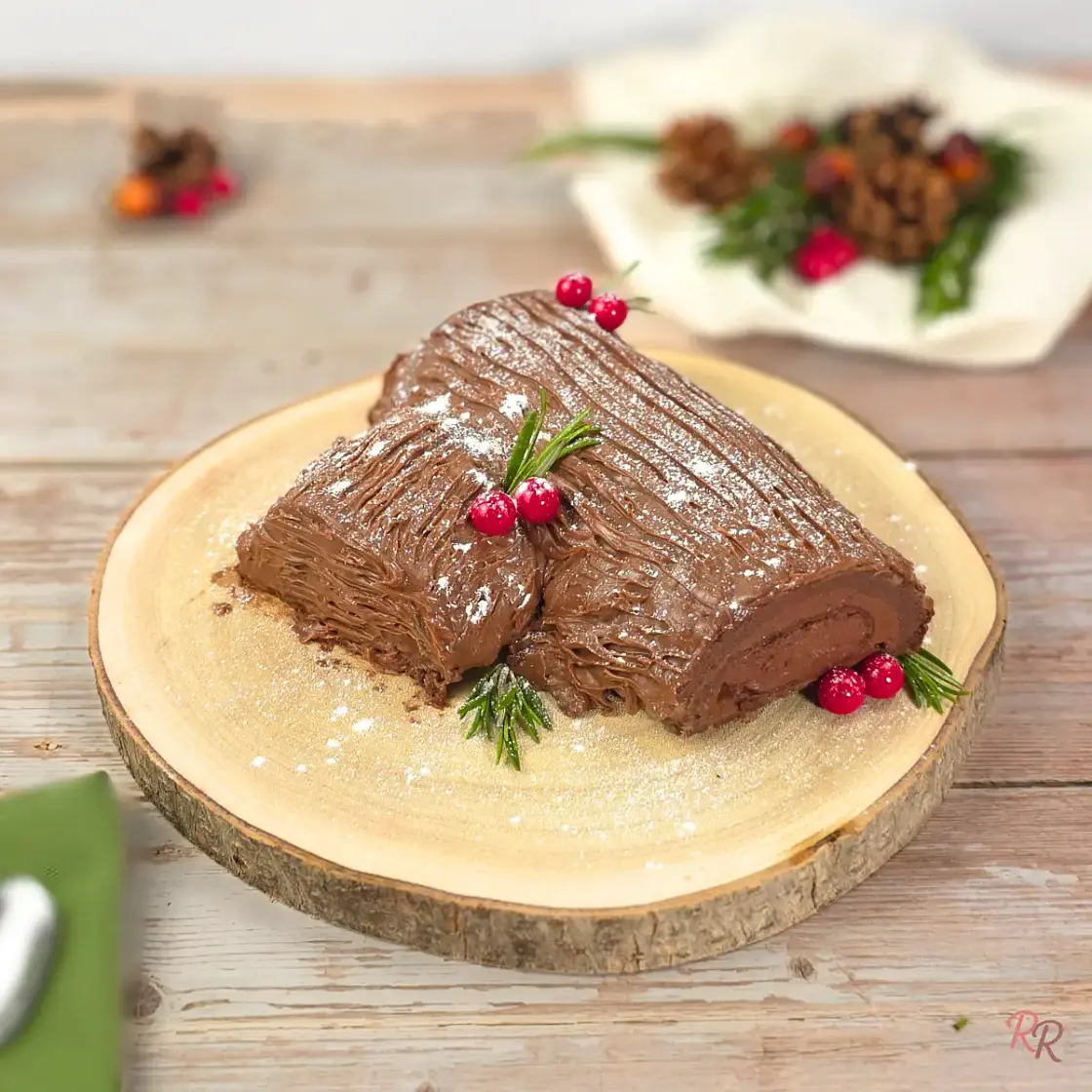 Keto Chocolate Yule Log Cake with Cottage Cheese