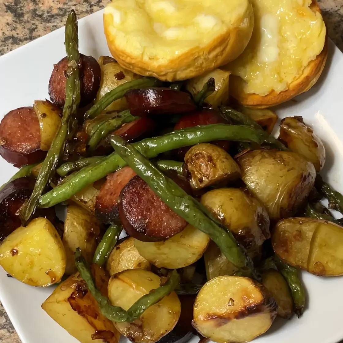 Sheet Pan Smoked Sausages, Green Beans and Potatoes