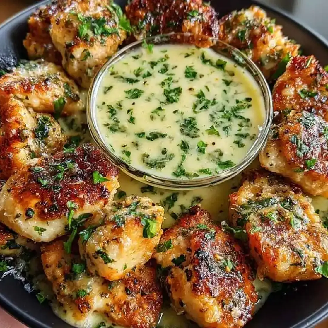 Garlic Butter Parmesan Chicken Bites with Creamy Herb Sauce