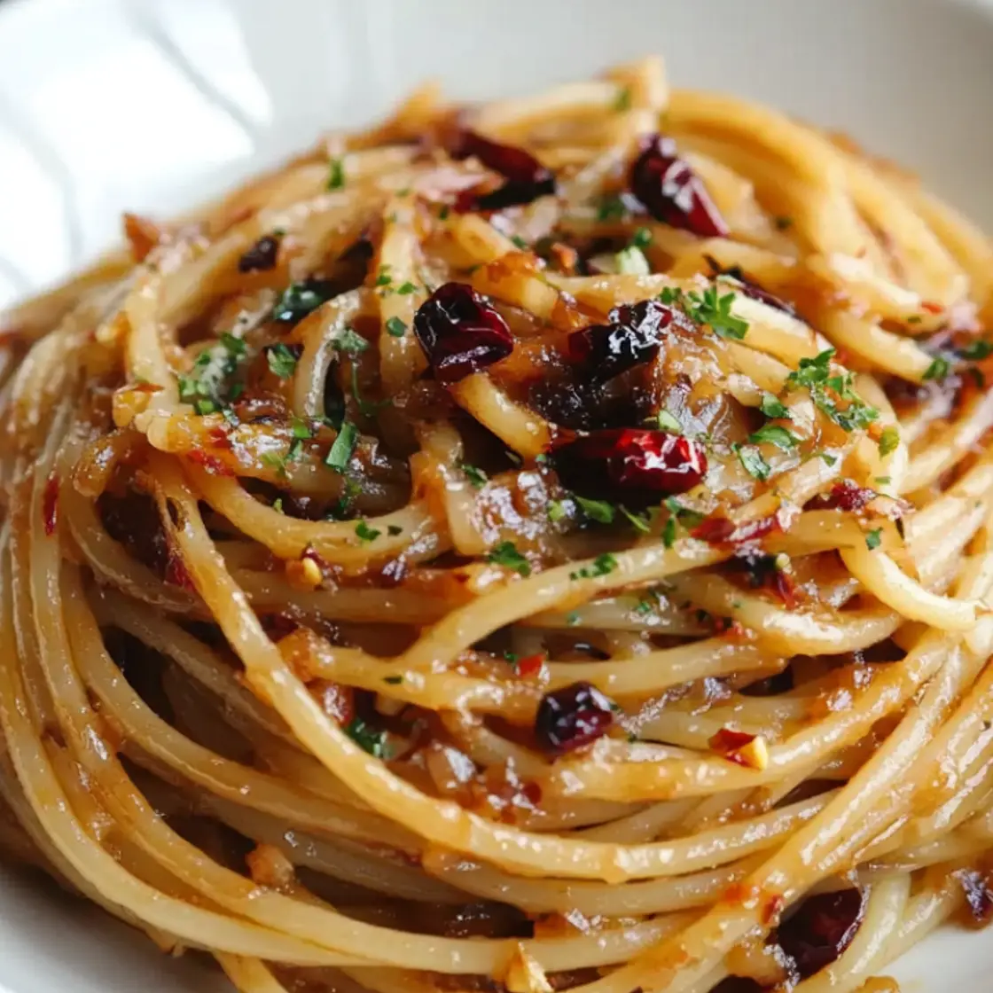 Caramelized Onion Pasta with Chilli Oil