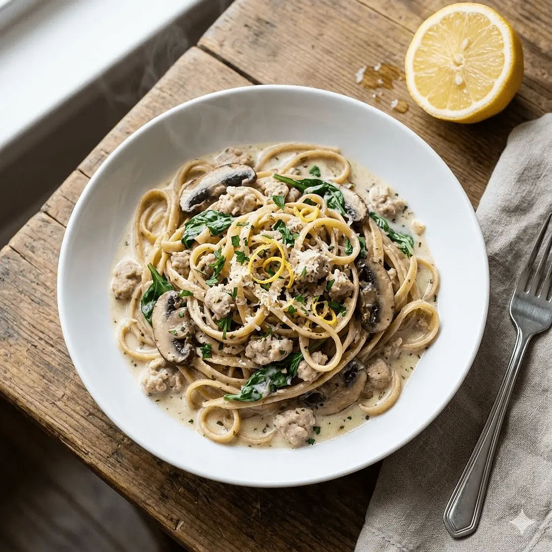 High Protein Creamy Lemon Garlic Turkey Linguine