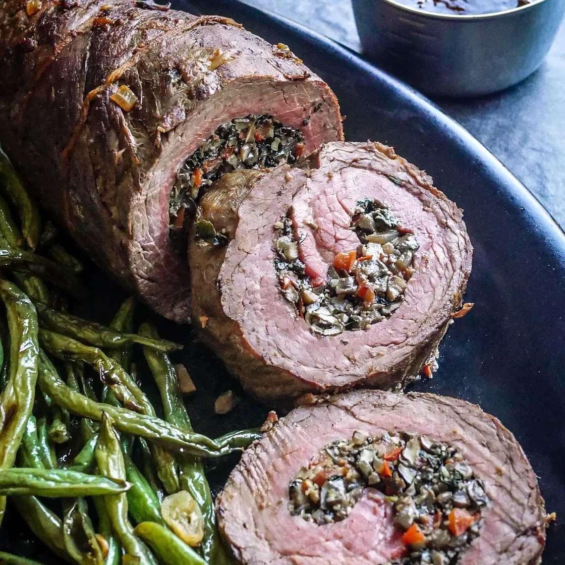 Whole30 Mushroom-Stuffed Beef Roulade with Garlicky Green Beans