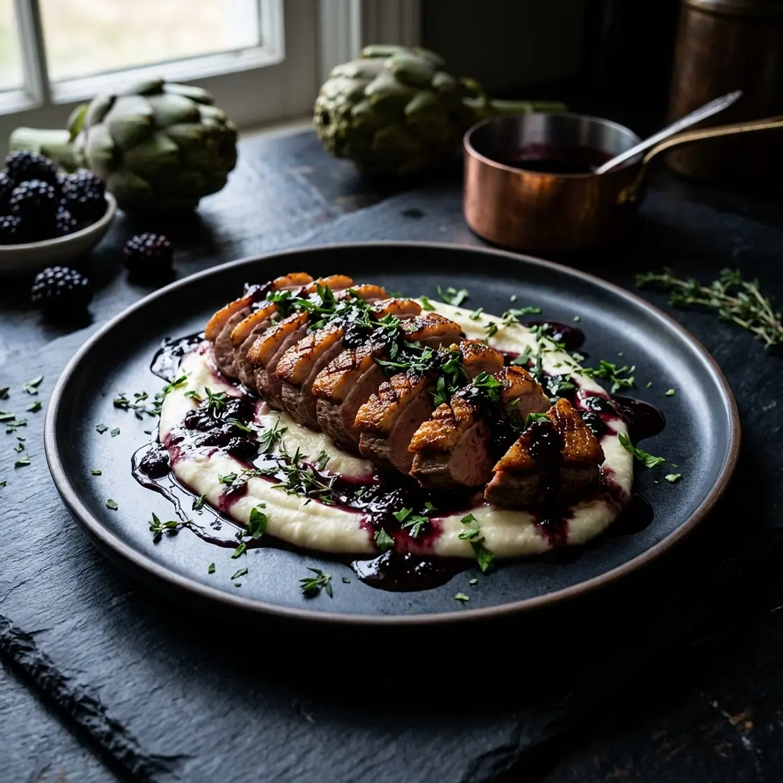 NAD+ Preserving Seared Duck with Luteolin Artichoke Puree
