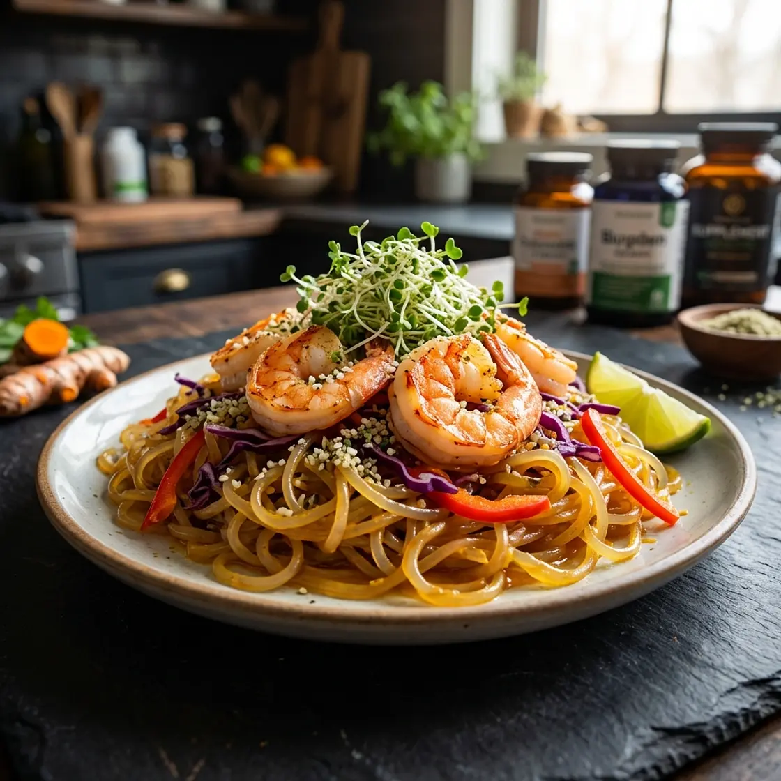 Mitochondrial-Boost Kelp Noodle Pad Thai with Astaxanthin Prawns