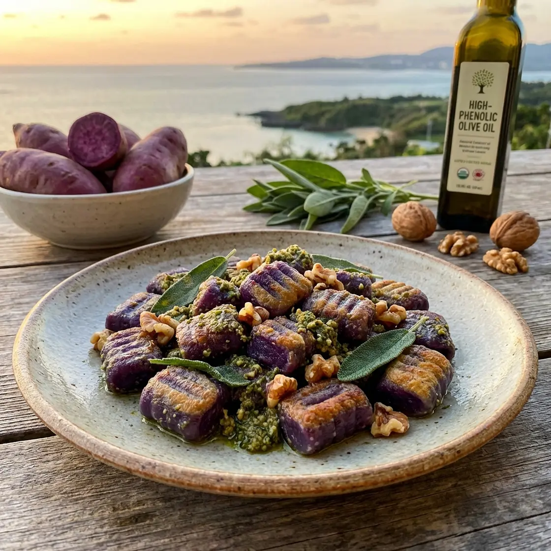 Violet Vitality Gnocchi with Sage-Walnut Pesto
