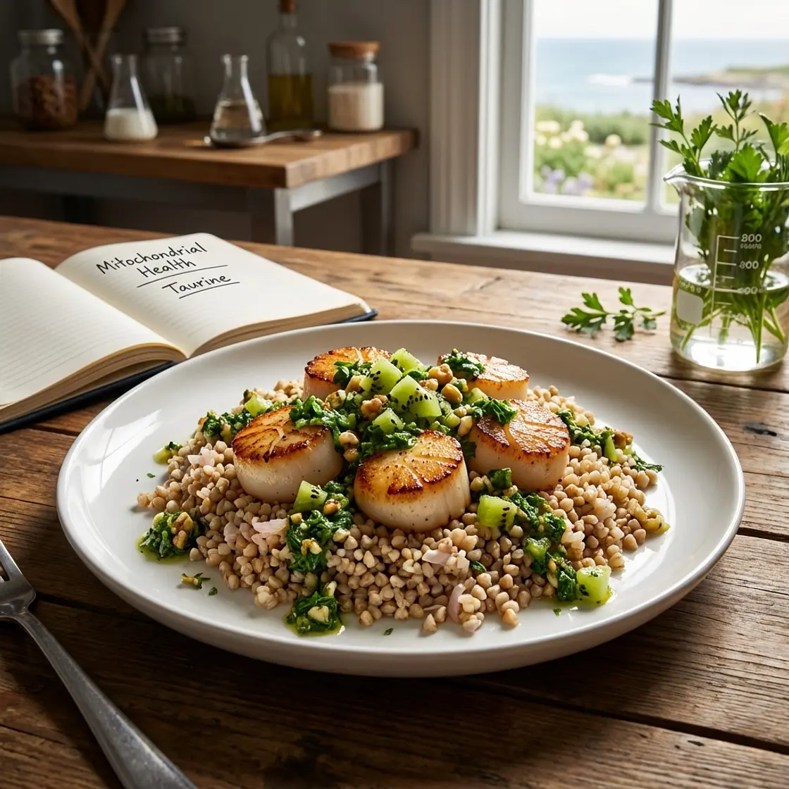 Taurine-Boosted Seared Scallops with Rutin-Rich Buckwheat & PQQ Chimichurri