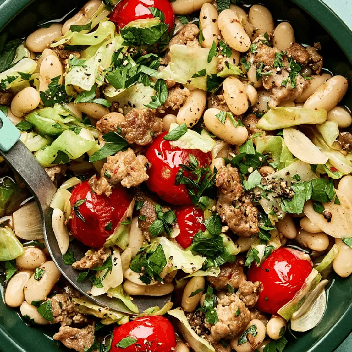 Modern Proper Sheet-Pan Italian Chicken Sausage, Cabbage & White Beans