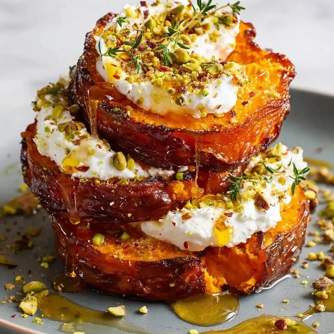 Crispy Smashed Sweet Potatoes with Whipped Feta &amp; Hot Honey