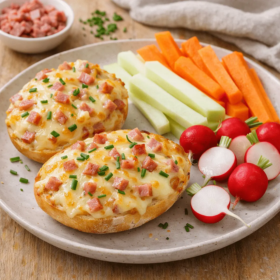 Überbackenes Käsebrötchen mit Schinkenwürfeln · Karottensticks · Kohlrabi · Radieschen