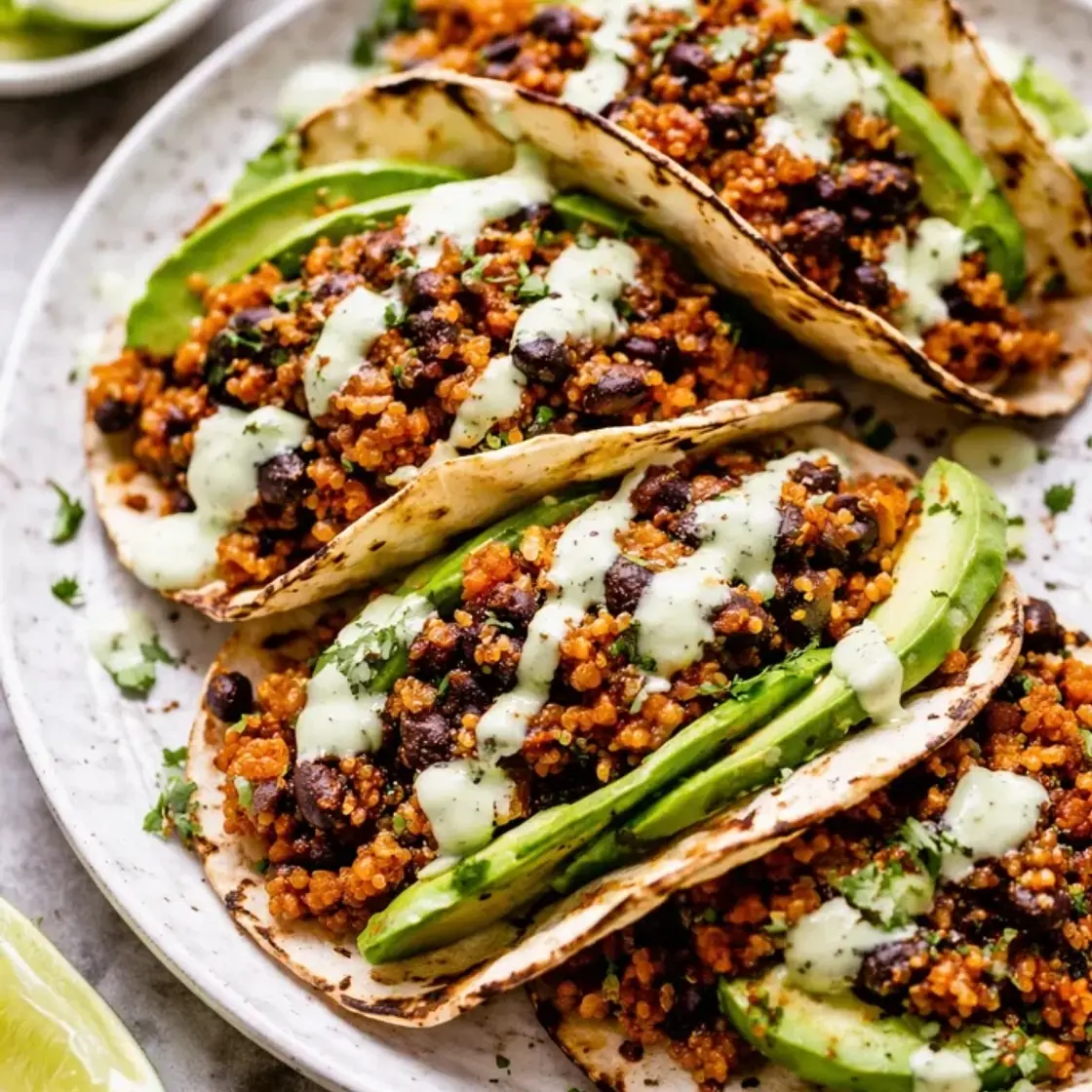 Black Bean Quinoa Tacos with Cilantro Lime Cashew Crema
